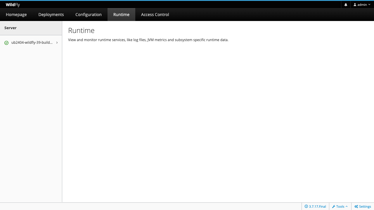 WildFly Runtime view showing JVM thread / memory metrics, transaction subsystem stats, and per-deployment state