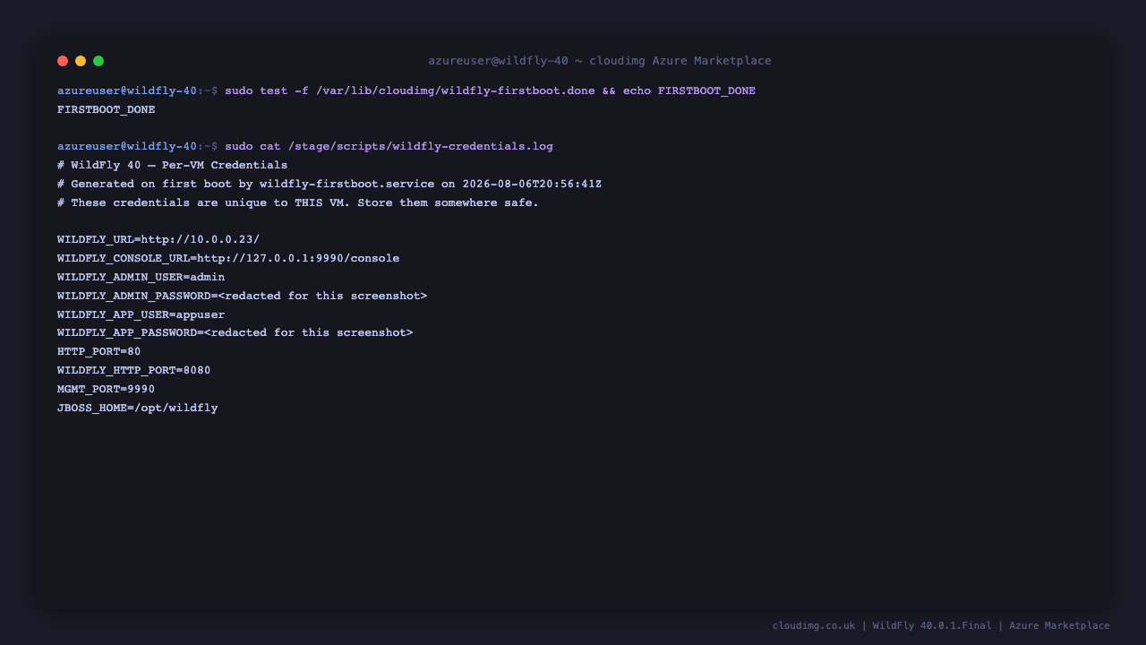 The first boot sentinel and the per instance credentials file listing the admin and appuser accounts, with passwords redacted for this screenshot
