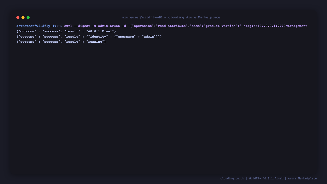 The management API returning product version 40.0.1.Final, the authenticated admin identity, and a running server state