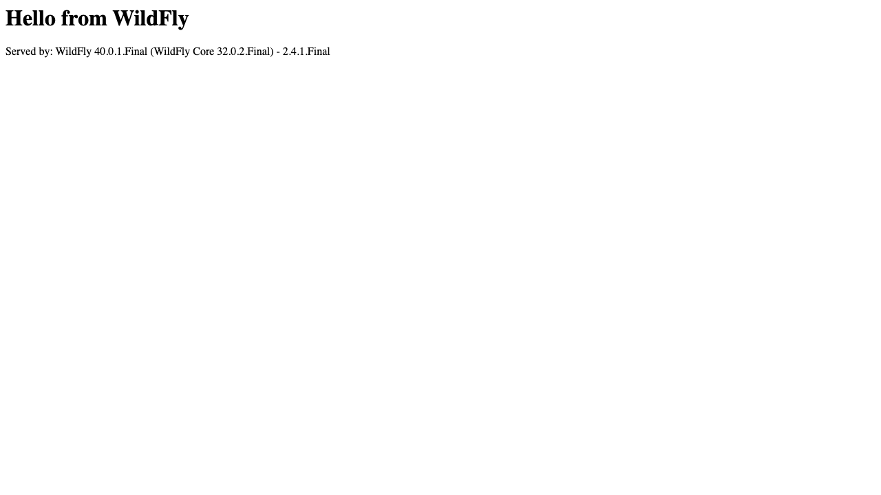 The deployed Jakarta EE application rendering in the browser and reporting that it is served by WildFly 40.0.1.Final