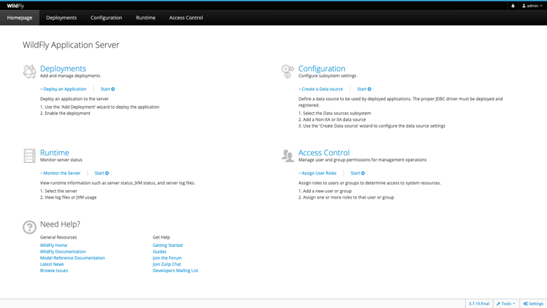 WildFly Management Console homepage
