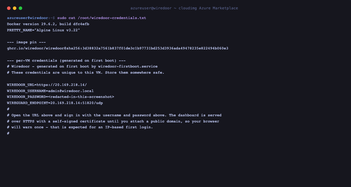 The Docker version, the digest-pinned Wiredoor image reference, and the per-VM credentials file showing the generated admin password, the dashboard URL and the auto-detected public WireGuard endpoint