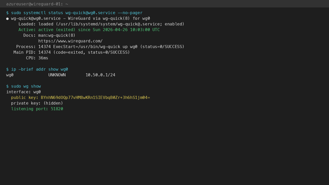 wg-quick@wg0 active and wg show reporting the listening port + per-VM server public key