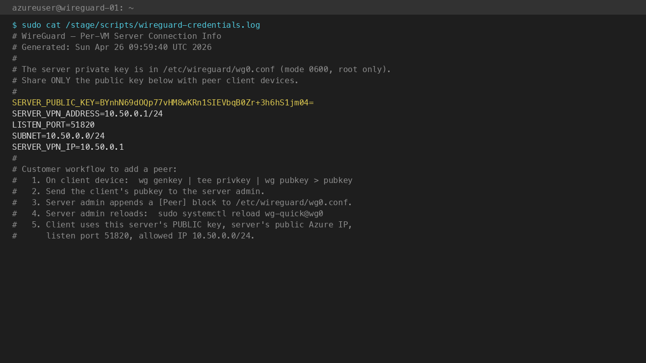 /stage/scripts/wireguard-credentials.log showing per-VM server public key + connection parameters