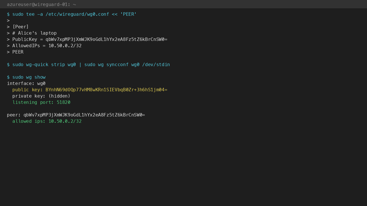 sudo wg show after adding a peer block — peer public key, allowed IPs, latest handshake