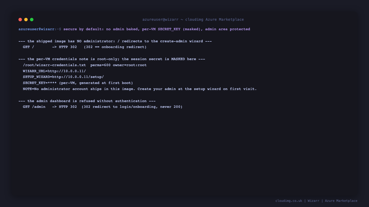 The shipped image redirects to the create admin wizard, carries a root only per VM credentials note with the SECRET_KEY masked, and refuses the admin dashboard without authentication