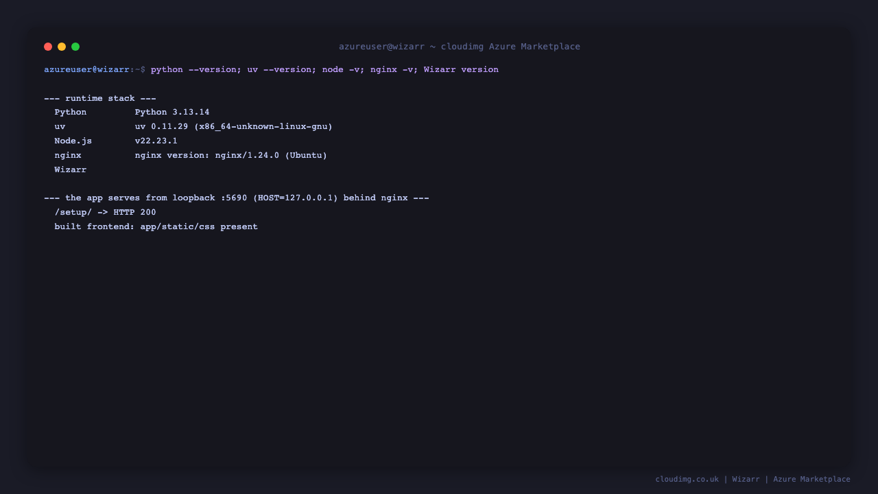 The uv managed Python 3.13 runtime, uv, Node.js 22 LTS, nginx and the pinned Wizarr 2026.7.1 release