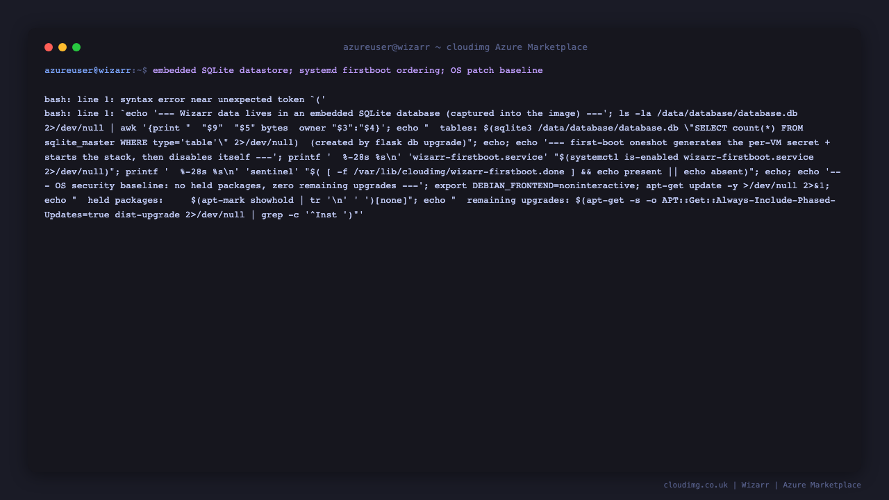 The Wizarr SQLite database on disk, the first boot service state, and an intact OS patch baseline with no held packages