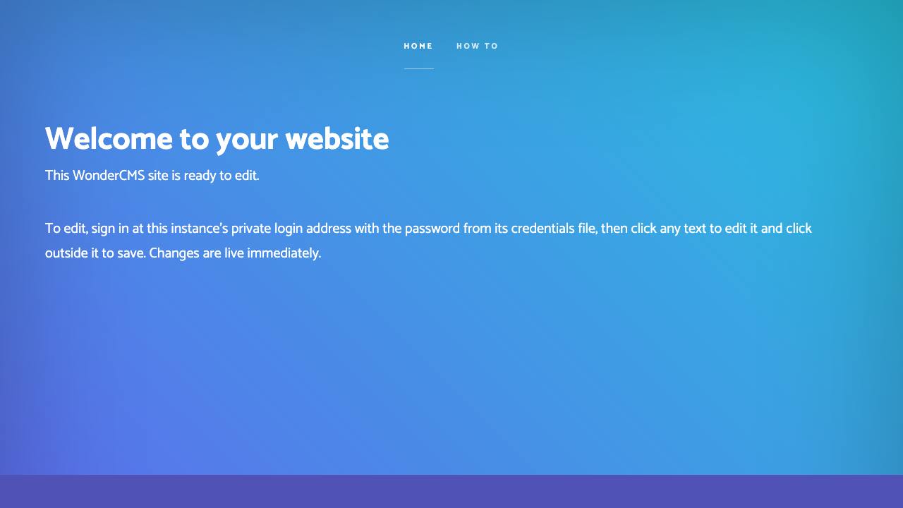 The WonderCMS starter site in the Sky theme with the Home and How to menu and the Welcome to your website page