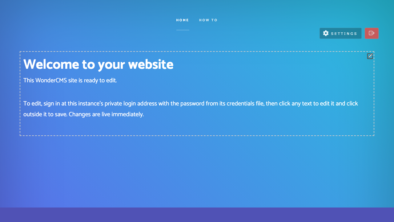 Signed in to WonderCMS: the Settings and logout buttons and the dashed, click to edit outline around the page content