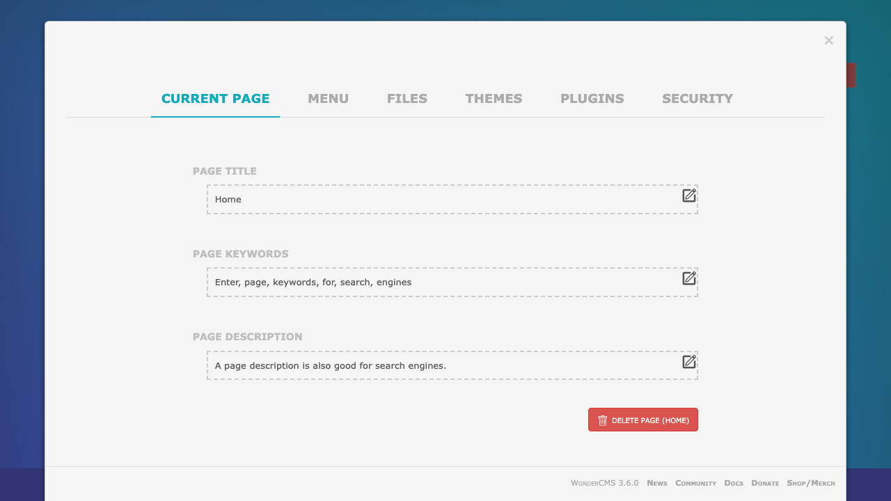 The WonderCMS settings panel on the Current page tab with the page title, keywords and description fields