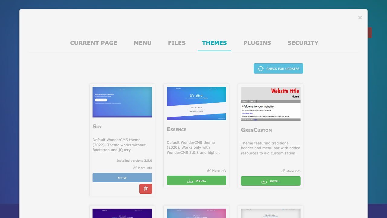 The WonderCMS Themes tab with the active Sky theme and the Essence and GregCustom themes ready to install