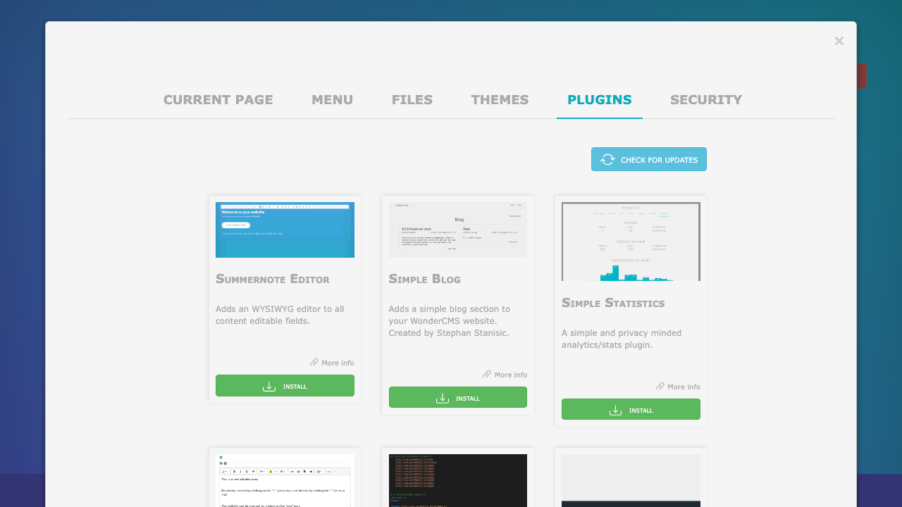 The WonderCMS Plugins tab with the Summernote Editor, Simple Blog and Simple Statistics plugins and their Install buttons