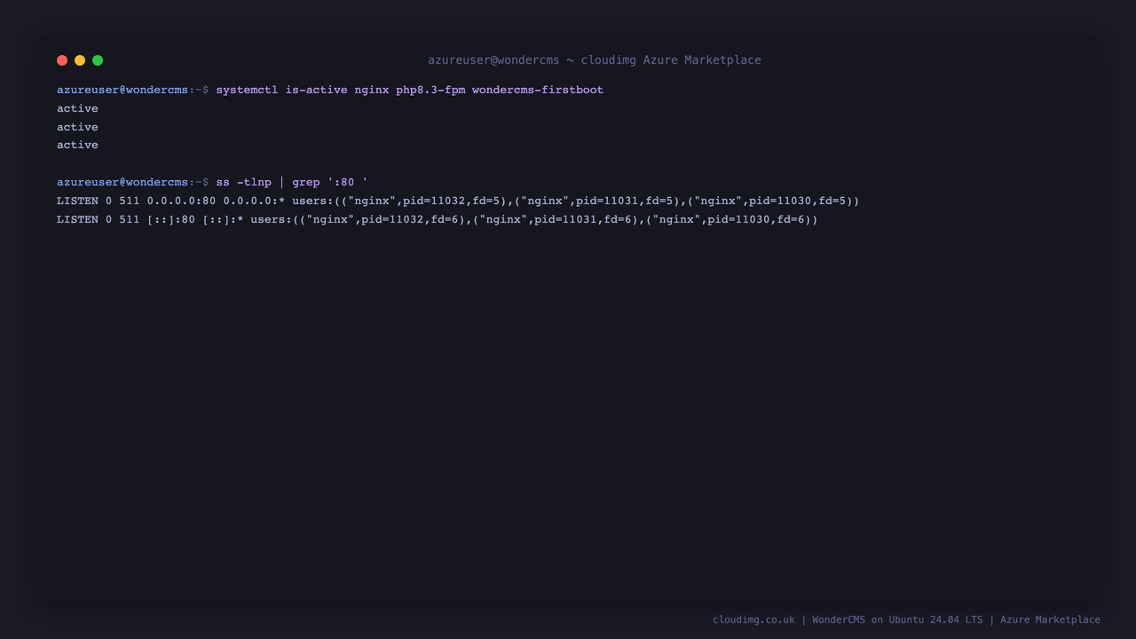nginx, PHP FPM and the firstboot service active, nginx listening on port 80