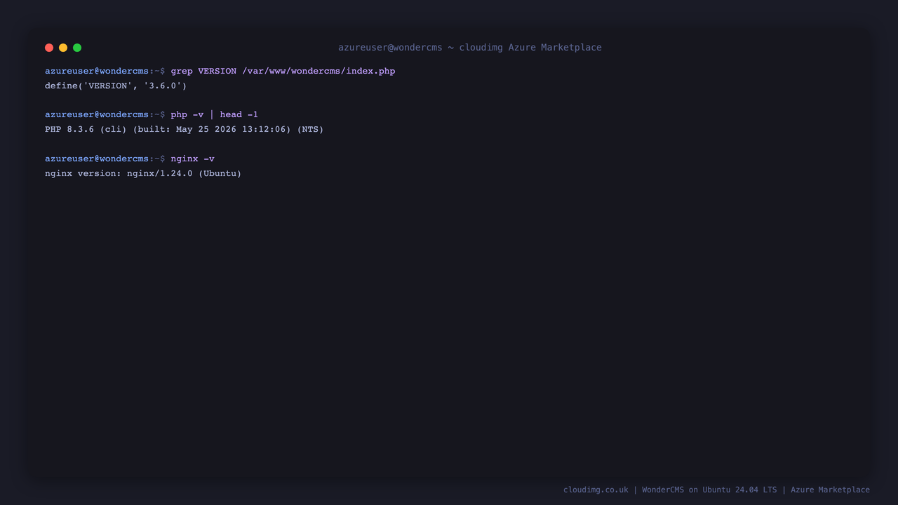 WonderCMS 3.6.0, PHP 8.3, and nginx version strings