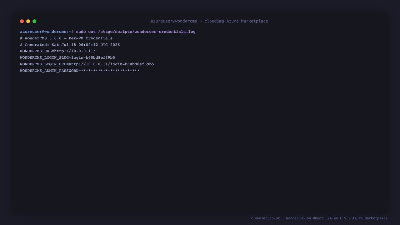 The per VM credentials file with the randomised login URL and rotated administrator password