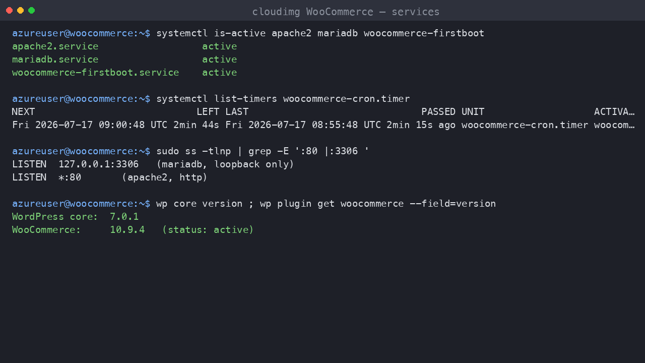 WooCommerce services, scheduler timer, listening ports and pinned versions on the cloudimg Azure image