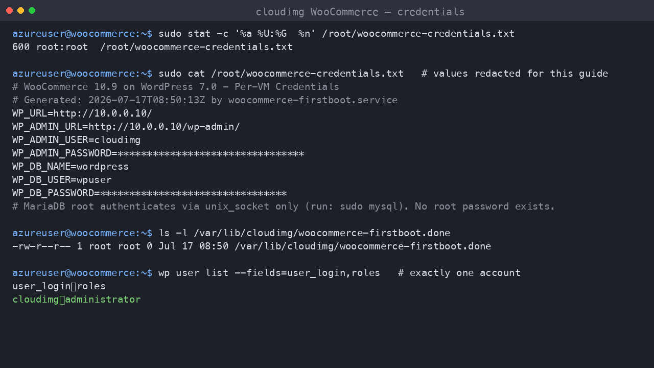The per VM WooCommerce credentials file, readable only by root, and the single administrator account