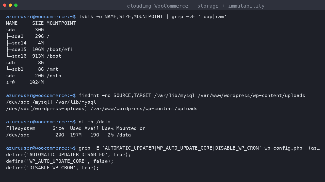 The WooCommerce data disk layout for the database and media library, plus the image immutability settings