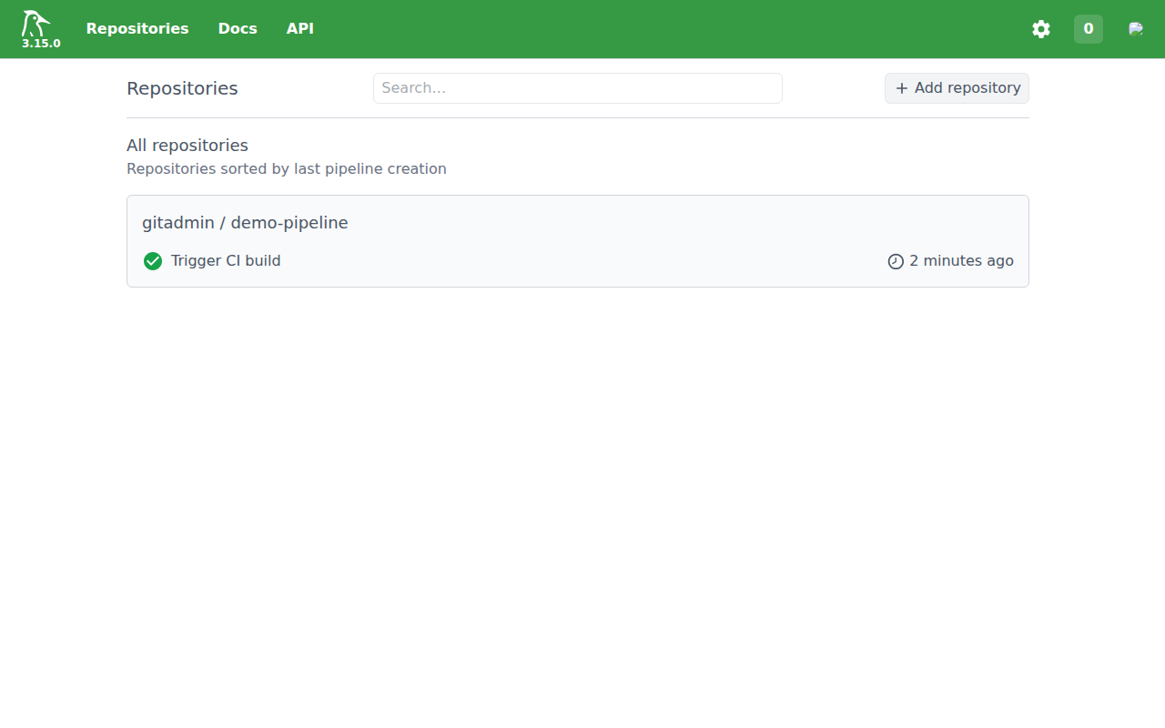 The Woodpecker repository list reached through the bundled Gitea login