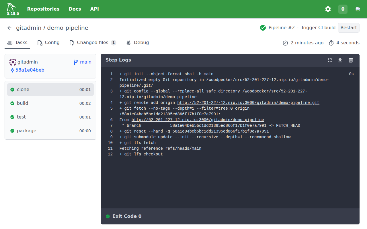 A Woodpecker pipeline run with the clone, build, test and package steps and exit code zero