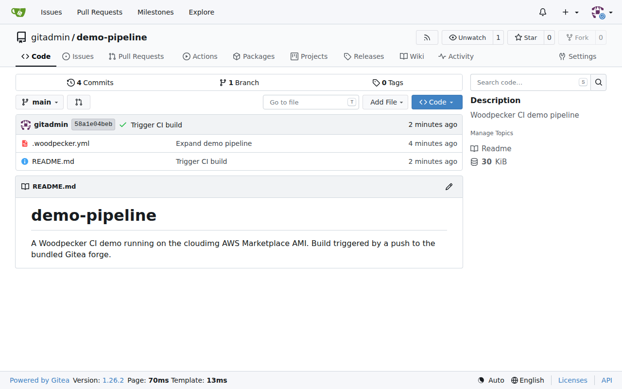 The bundled Gitea repository showing the pipeline file and a successful CI status