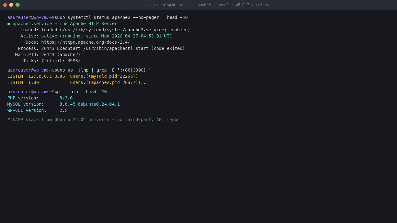 apache2 + mysql active, listening on :80 and :3306, PHP 8.3.6, MySQL 8.0.45, WP-CLI 2.x