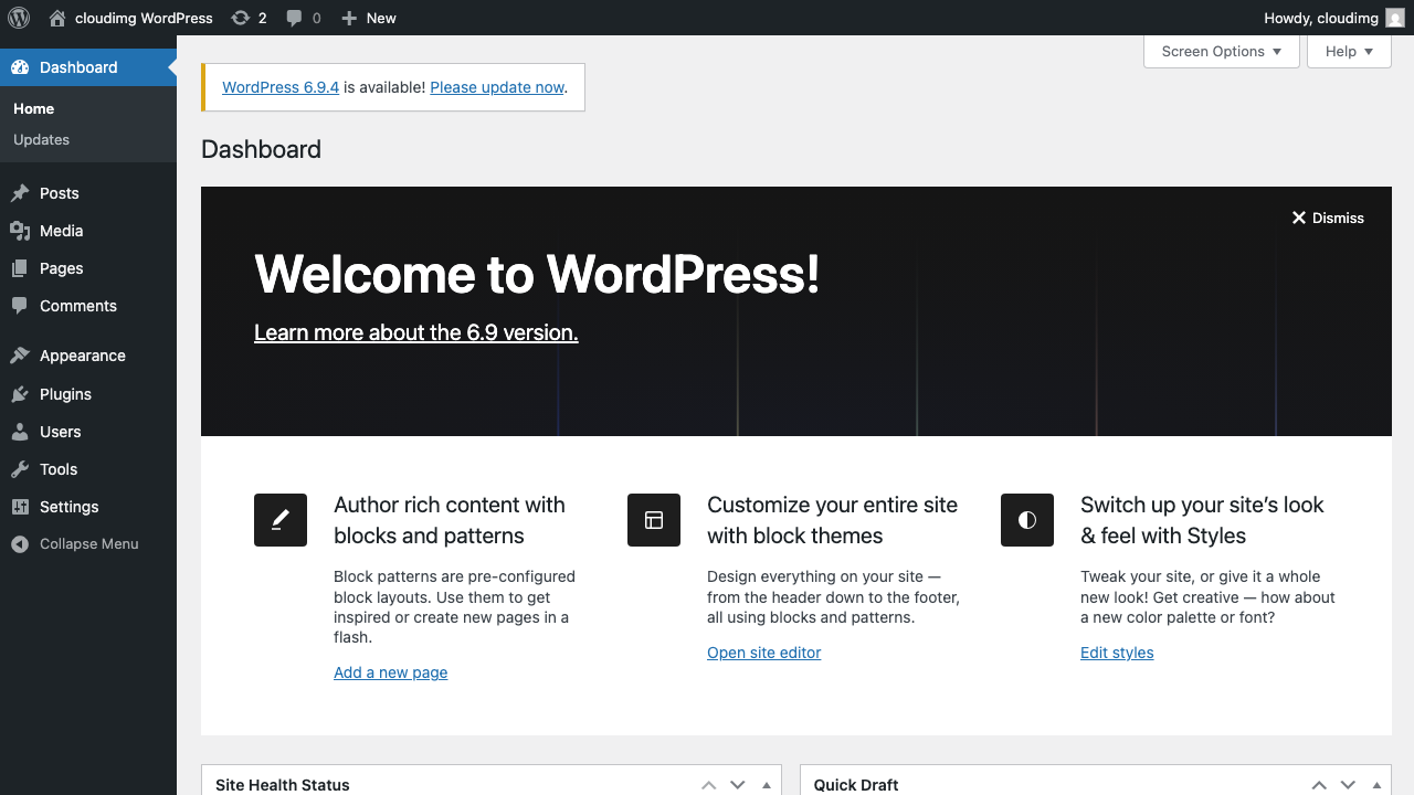 WordPress 6.9 dashboard for the cloudimg admin — site health, activity, quick draft