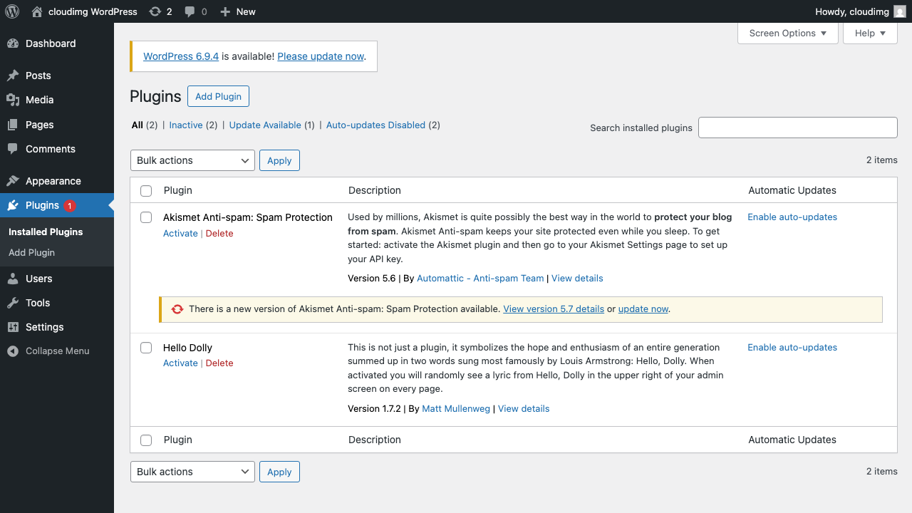 Plugins page showing Akismet + Hello Dolly bundled plugins, both inactive by default
