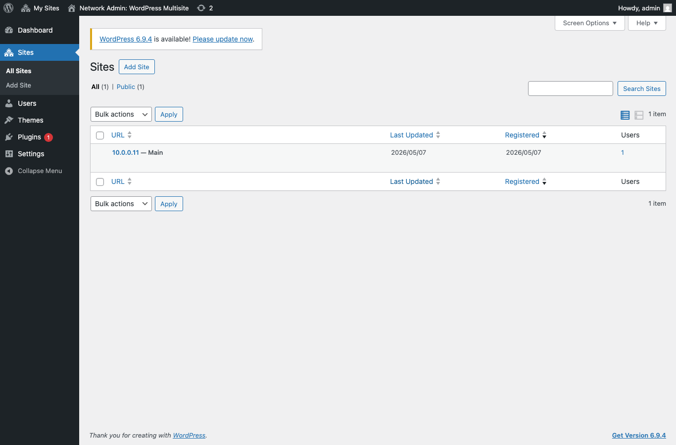 Network Admin Sites page showing the primary site