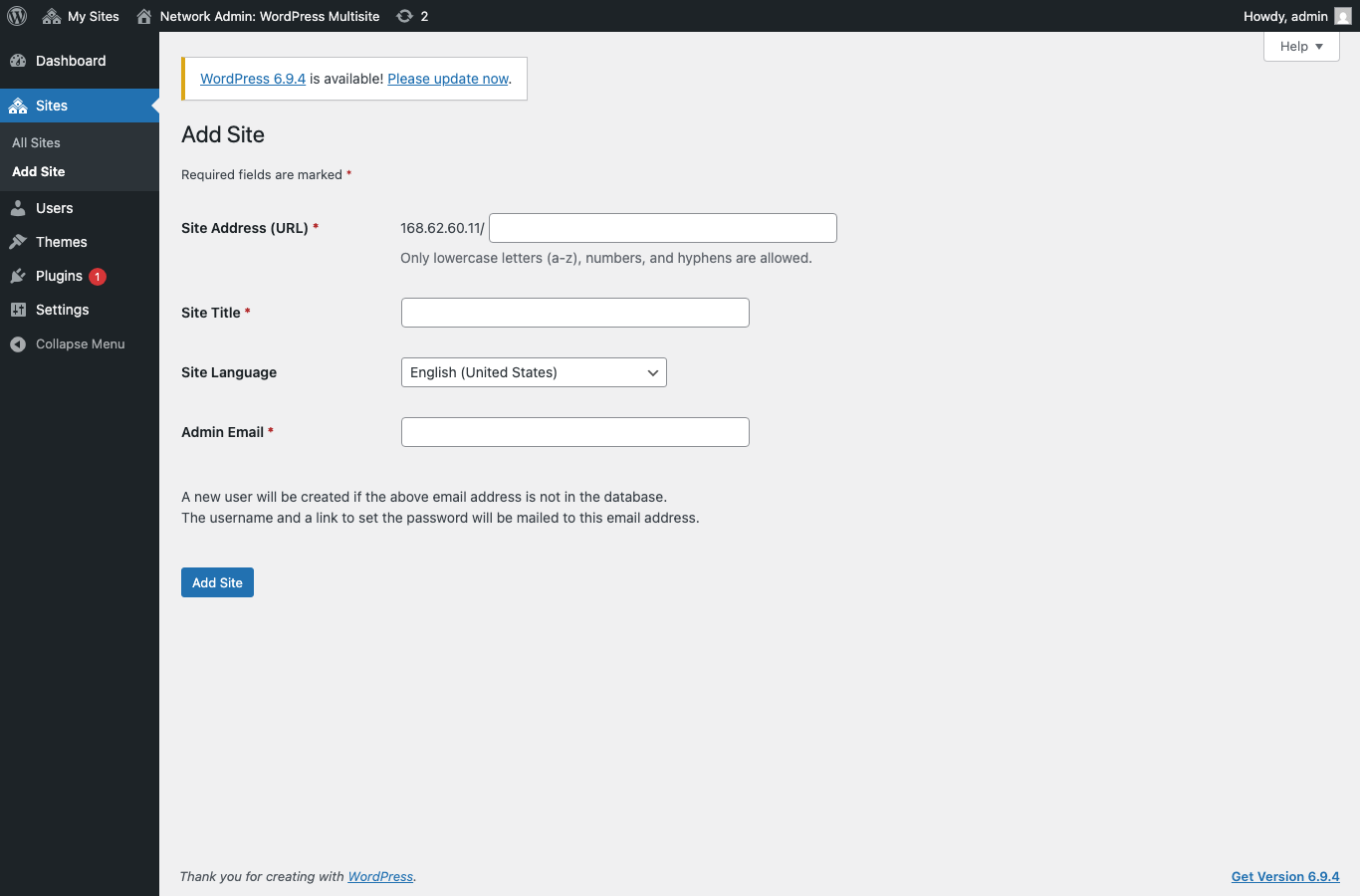 Network Admin Add New Site form