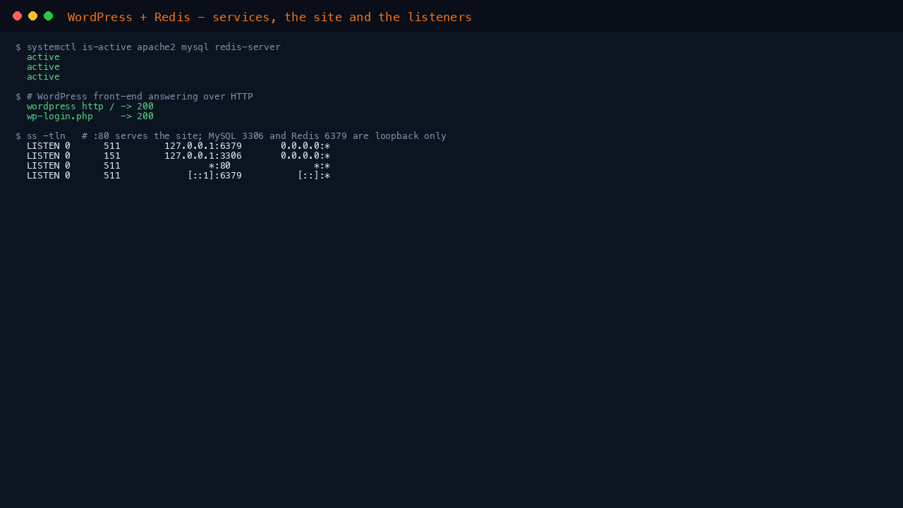apache2, mysql and redis-server active; site returns HTTP 200; MySQL and Redis on loopback