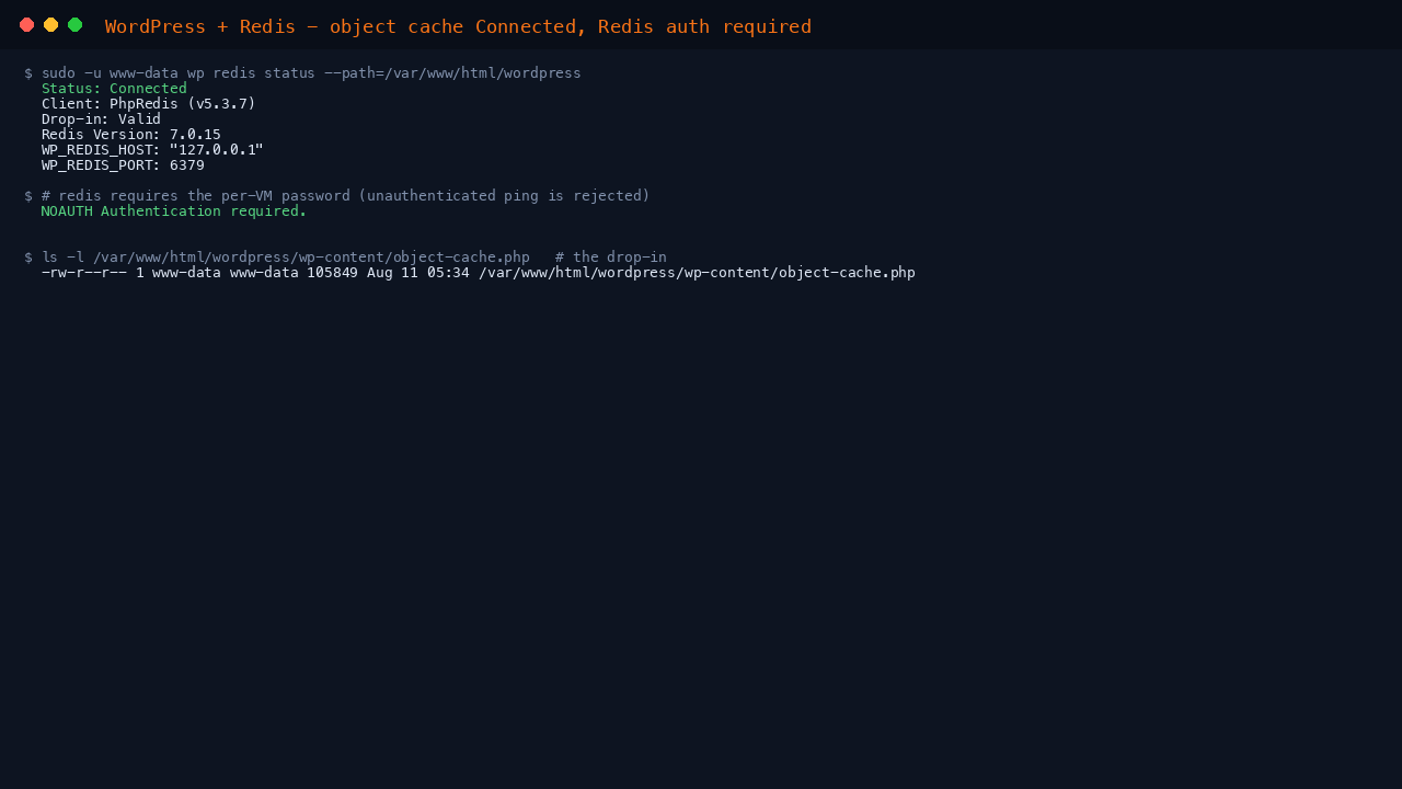 wp redis status reports Connected, Drop-in Valid, PhpRedis client, Redis 7.0.15; unauthenticated redis ping rejected