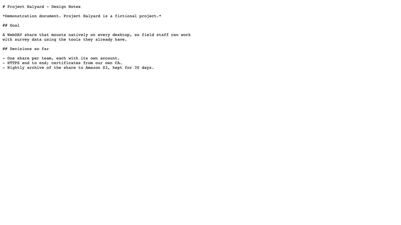 A Markdown document served from the share and shown as text in the browser
