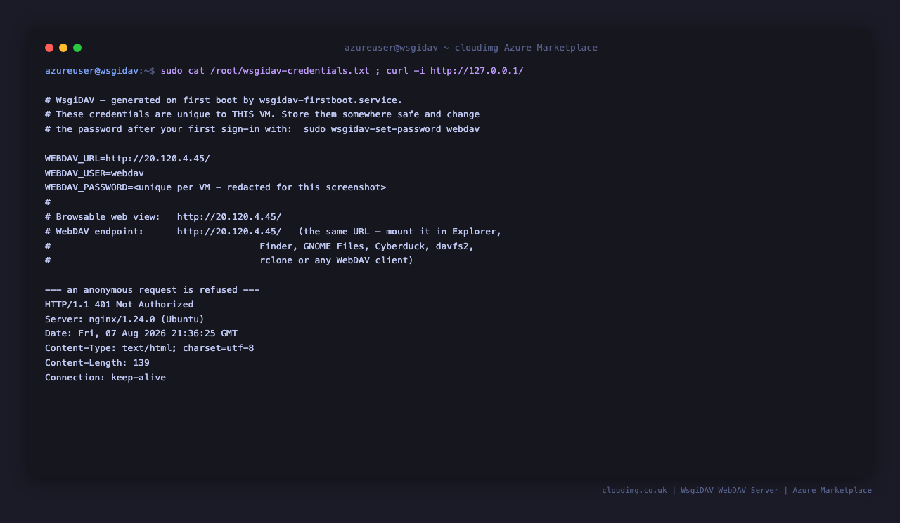 Terminal showing the per VM credentials file with the password redacted, followed by an anonymous request to the server being refused with HTTP 401 Not Authorized.