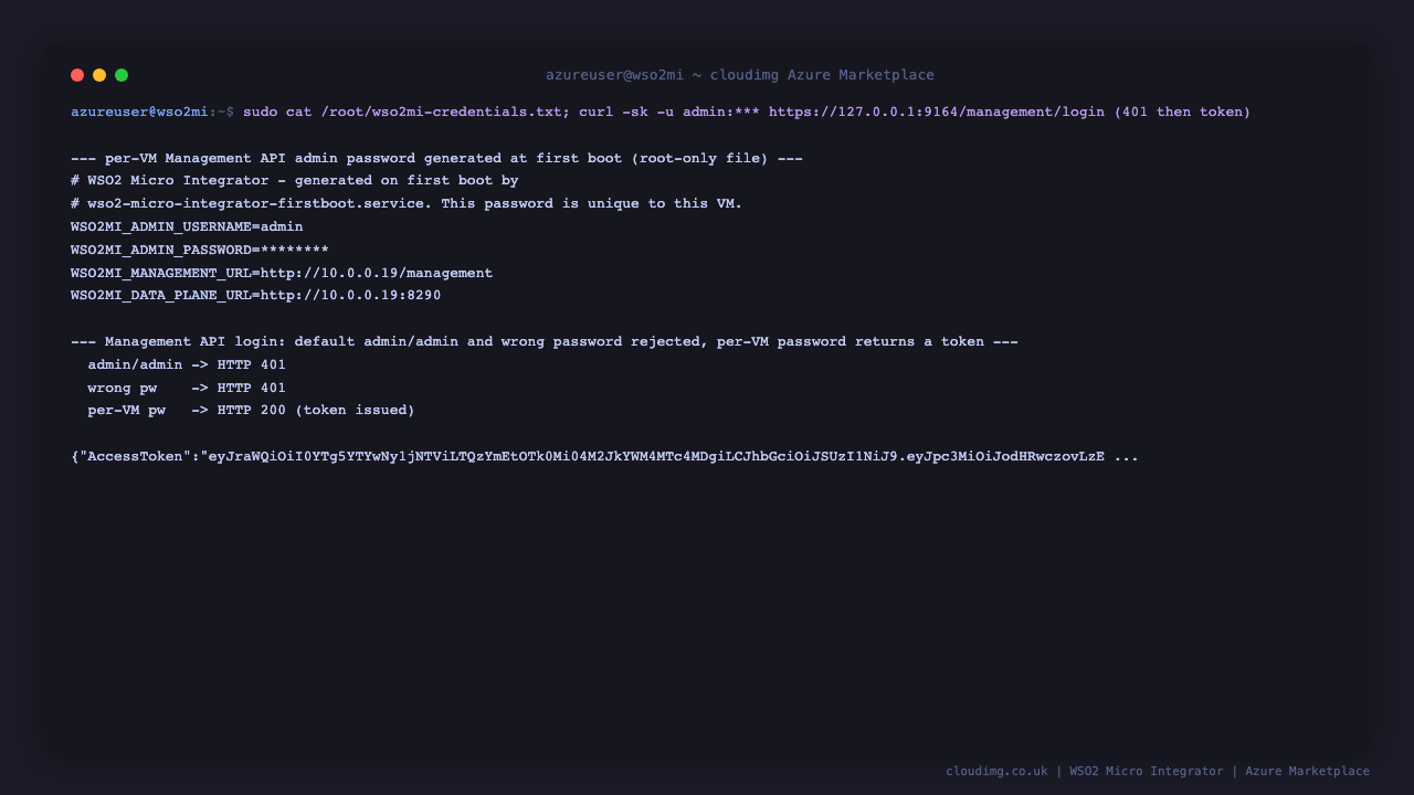 WSO2 Micro Integrator Management API login: default and wrong passwords rejected, per VM password returns a token