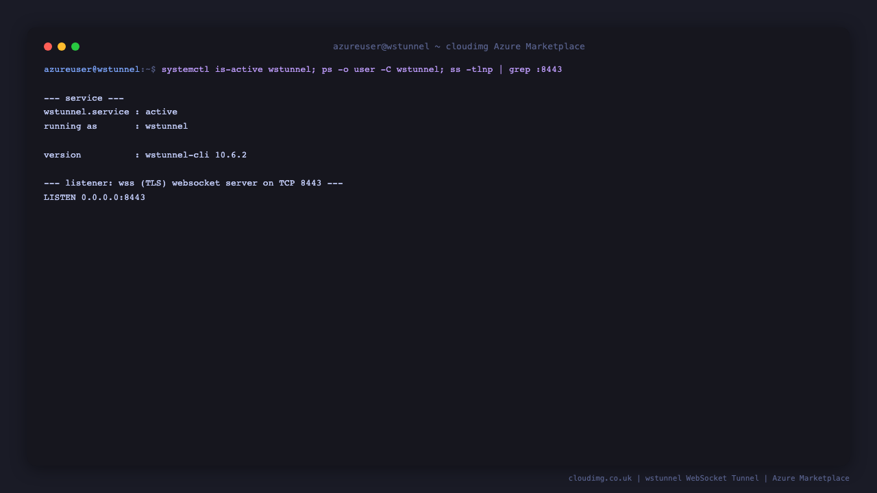 The wstunnel service active under systemd and running as the unprivileged wstunnel user, wstunnel-cli version 10.6.2, with ss showing the wss TLS WebSocket server listening on TCP port 8443