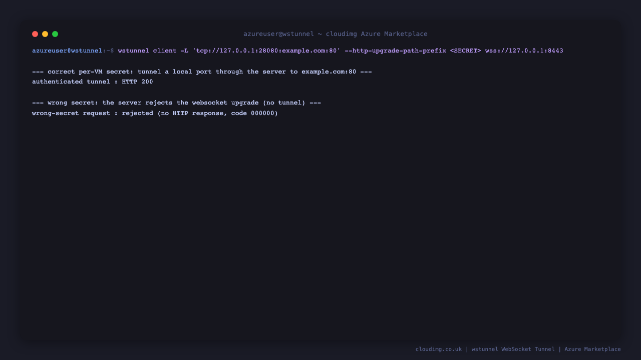 The secure-by-default round trip: with the correct per-VM secret a local port is tunnelled through the server to example.com and returns HTTP 200, while a client presenting a wrong secret is rejected at the WebSocket upgrade with no HTTP response