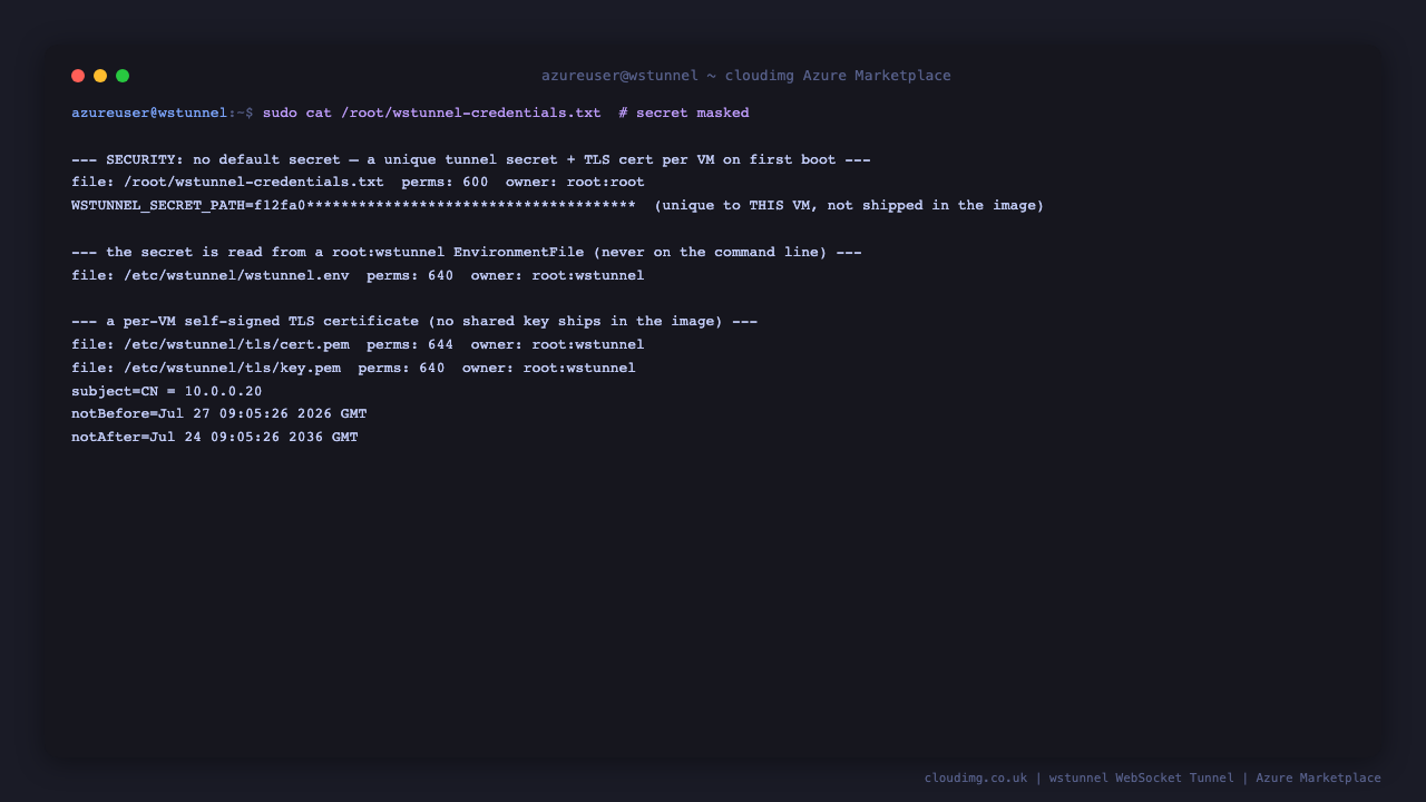 The security posture: the credentials file is 0600 root root and records a per-VM tunnel secret unique to this VM, the secret is read from a 0640 root wstunnel EnvironmentFile so it never appears on the command line, and a per-VM self-signed TLS certificate and key are present