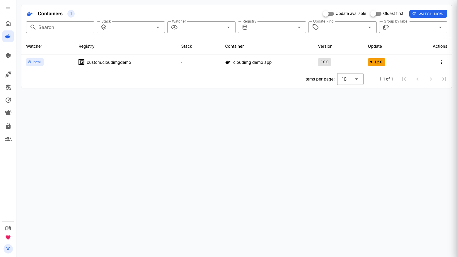 The WUD Containers page listing the cloudimg demo app watched by the local watcher, running version 1.0.0 with an available update to 1.2.0