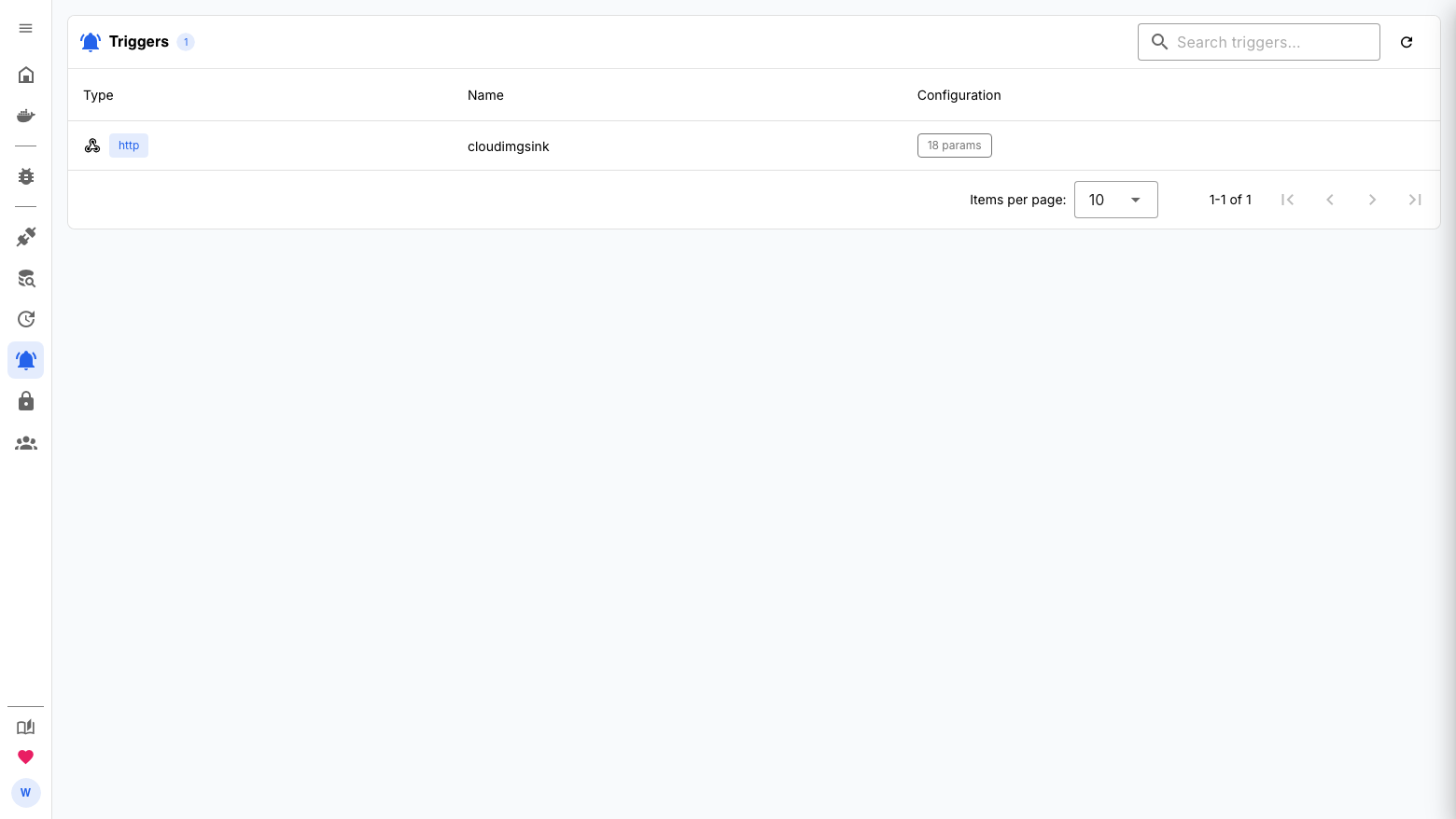The WUD Triggers page listing the single http trigger named cloudimgsink