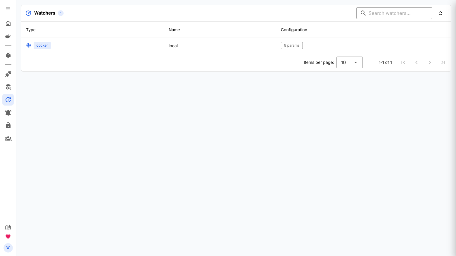The WUD Watchers page listing the local docker watcher