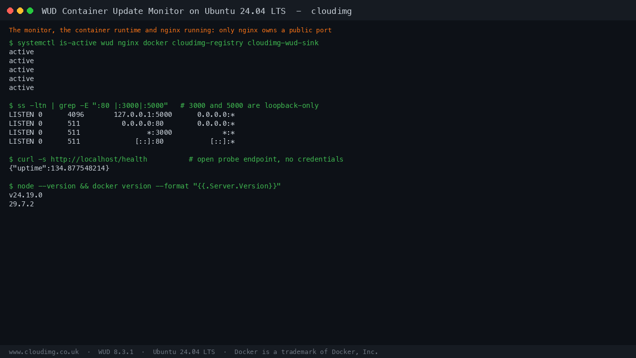 Terminal showing the six appliance services active, only port 80 publicly bound, and the versions of the monitor's runtime and container engine
