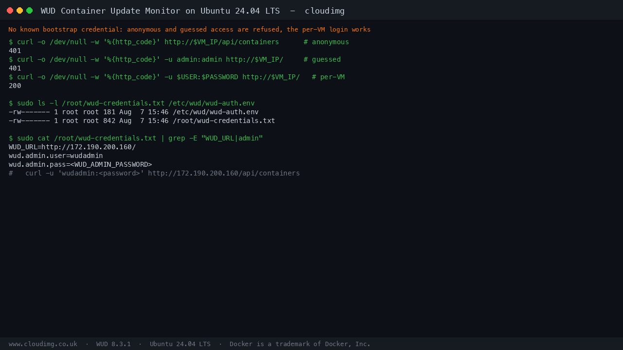 Terminal showing anonymous and guessed logins refused with 401 while the per VM credential returns 200, and the root only permissions on the credential files