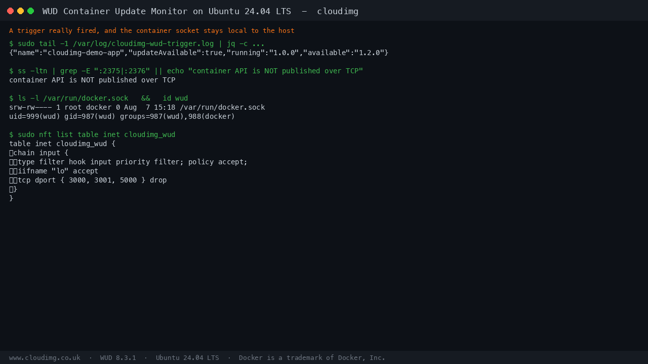 Terminal showing a recorded trigger delivery, the container API absent from TCP, the socket ownership and the packet policy