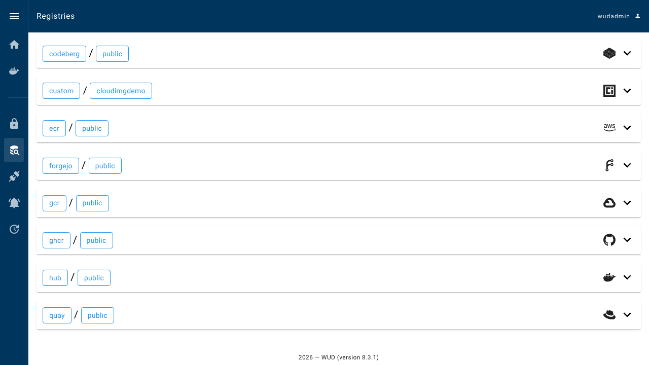 WUD registries view listing the eight configured registries, including the bundled loopback demonstration registry and anonymous public hub access