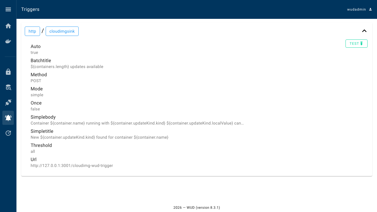WUD triggers view showing the configured http trigger and its delivery settings