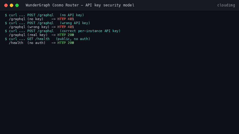 curl showing the federated GraphQL endpoint rejecting a missing key and a wrong key with HTTP 401 and accepting the per instance key with HTTP 200, and the public health endpoint returning HTTP 200