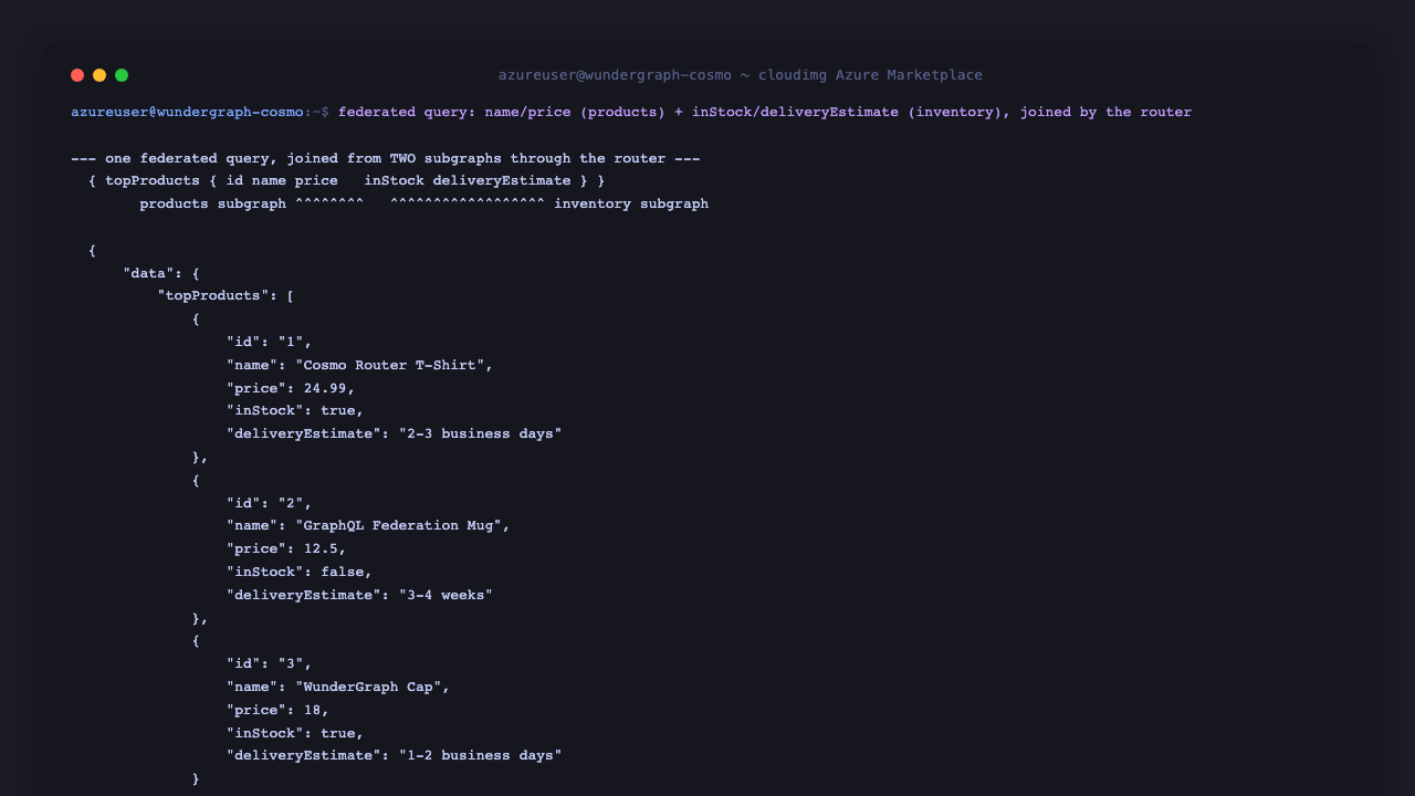 A federated GraphQL query returning topProducts with name and price from the products subgraph joined with inStock and deliveryEstimate from the inventory subgraph in a single response