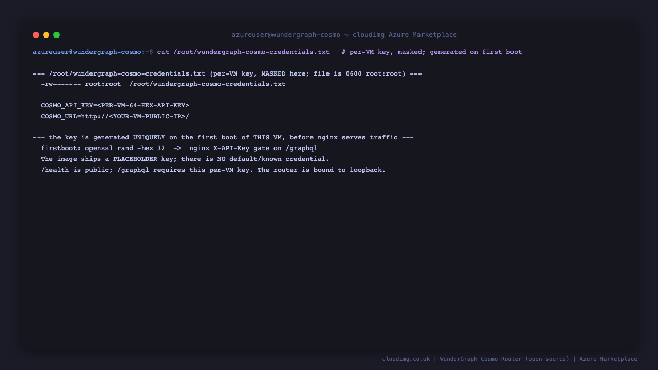 The wundergraph-cosmo-credentials.txt file at mode 0600 root root showing the per VM API key masked and the resolved public URL, with a note that the key is generated uniquely on first boot